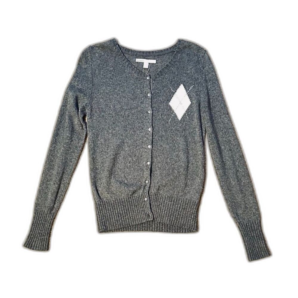 OLD NAVY Grey Argyle Cardigan Crew Neck Long Sleeves Button Down Sweater Y2K XS